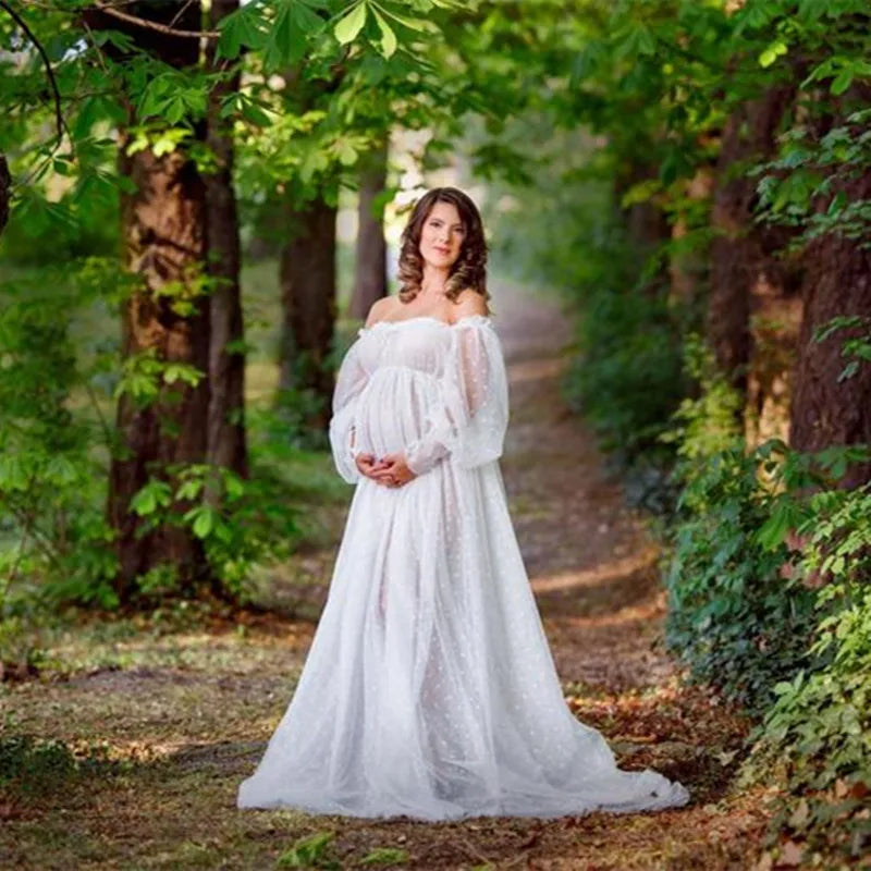 White Dot Tulle Maternity Photo Dress