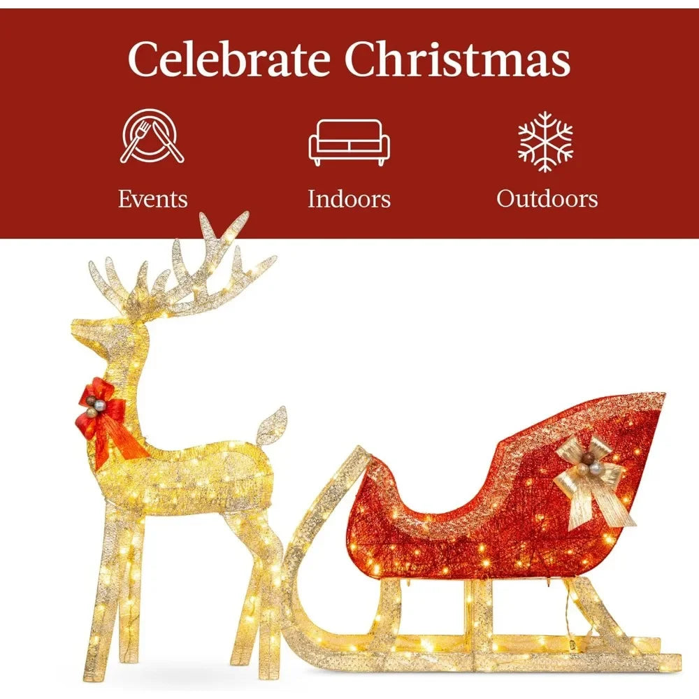 Lighted Gold Reindeer  Sleigh Decoration Set