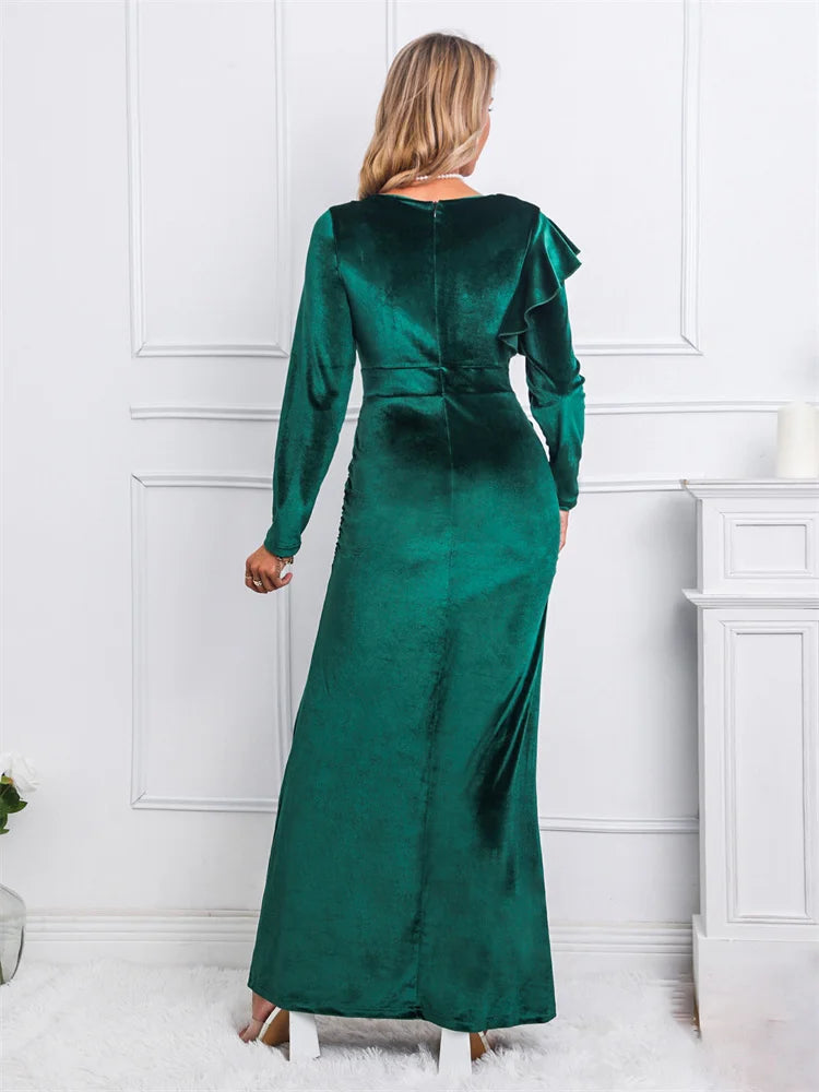 Elegant Velvet Maternity Ruffle Dress