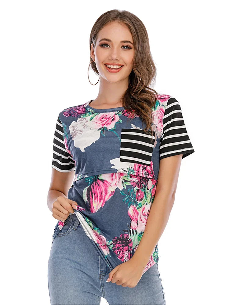 Casual Striped Maternity Nursing Tops