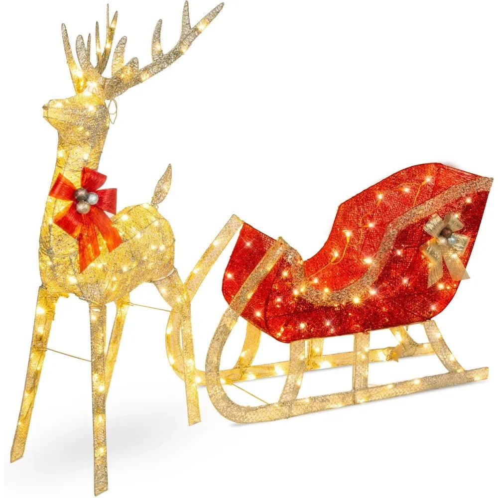 Lighted Gold Reindeer  Sleigh Decoration Set