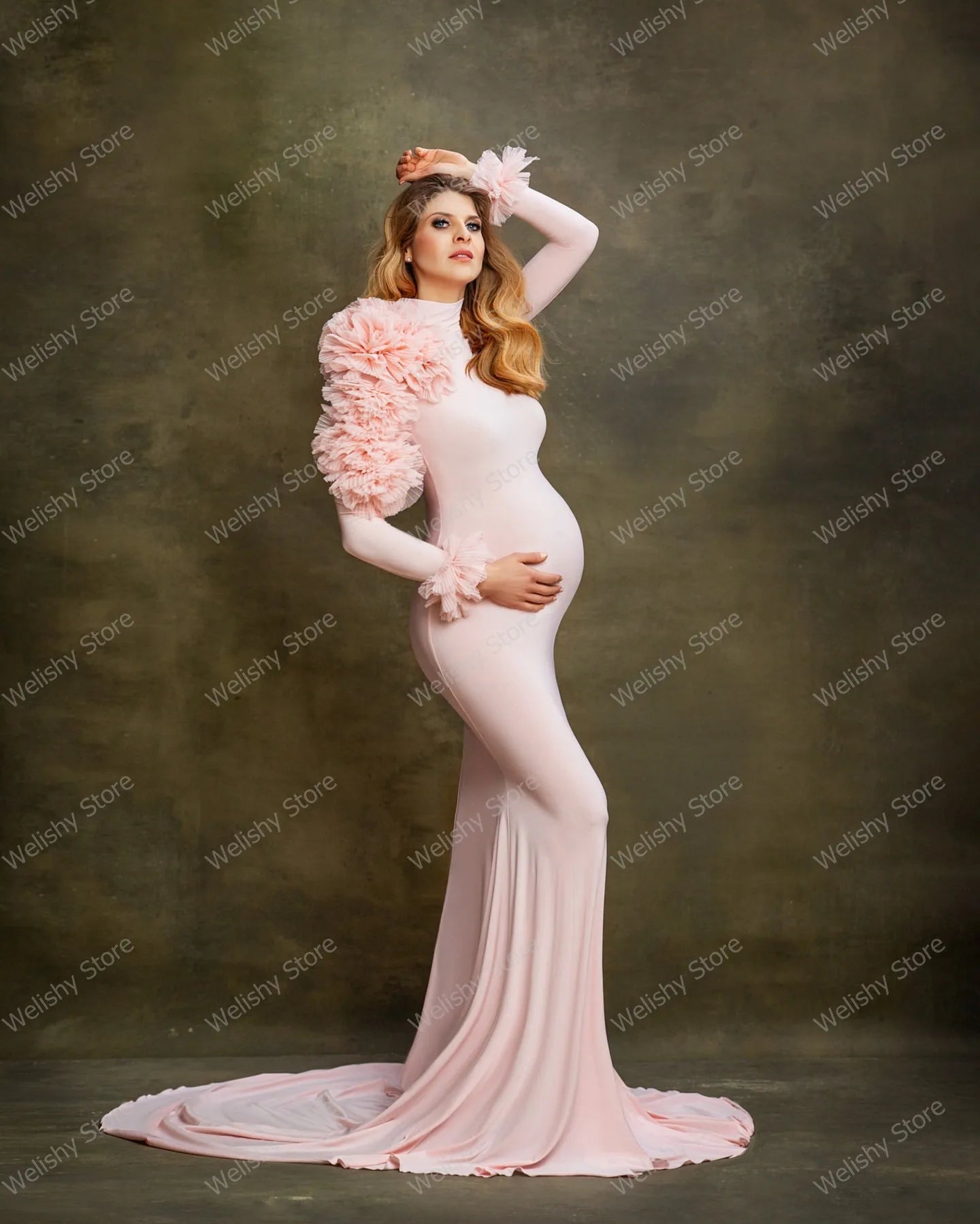 Elegant Pink Hi-Neck Mermaid Maternity Dress