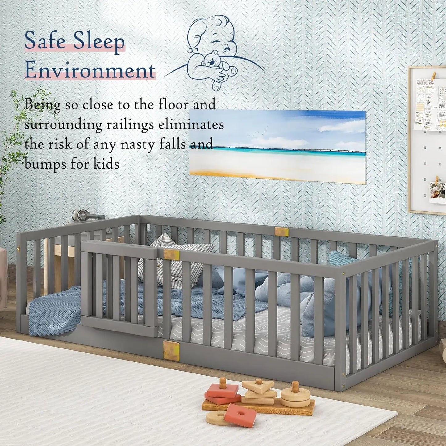 Montessori Twin Floor Bed with Safety Guardrails