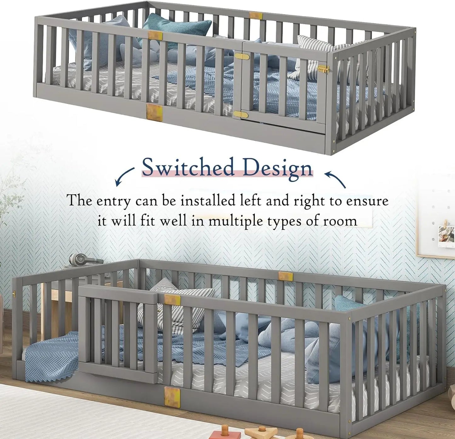 Montessori Twin Floor Bed with Safety Guardrails