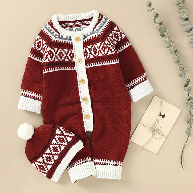 Knitted Christmas Baby Romper  Hat Set