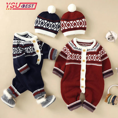 Knitted Christmas Baby Romper  Hat Set