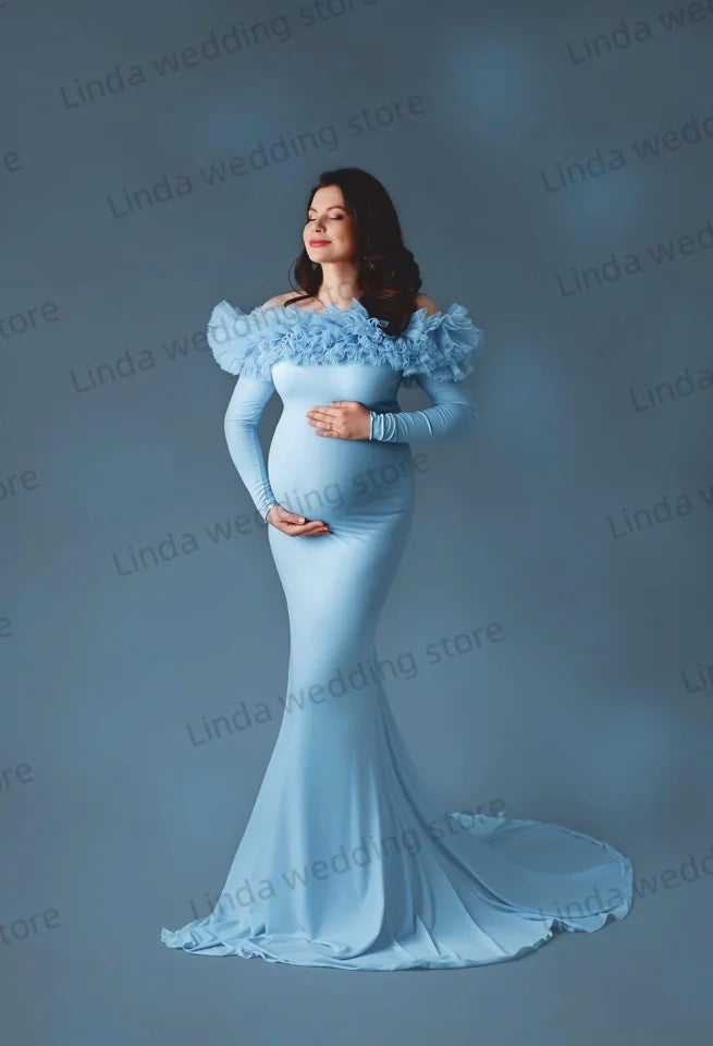 Elegant Sky Blue Maternity Dress for Baby Shower