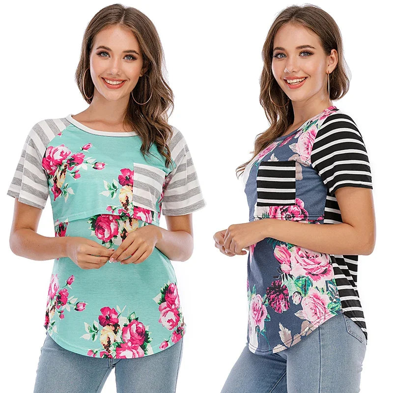 Casual Striped Maternity Nursing Tops