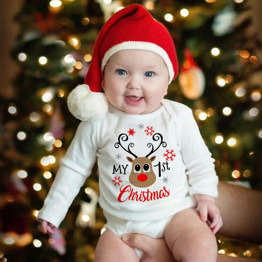 My First Christmas Deer Print Long Sleeve Romper