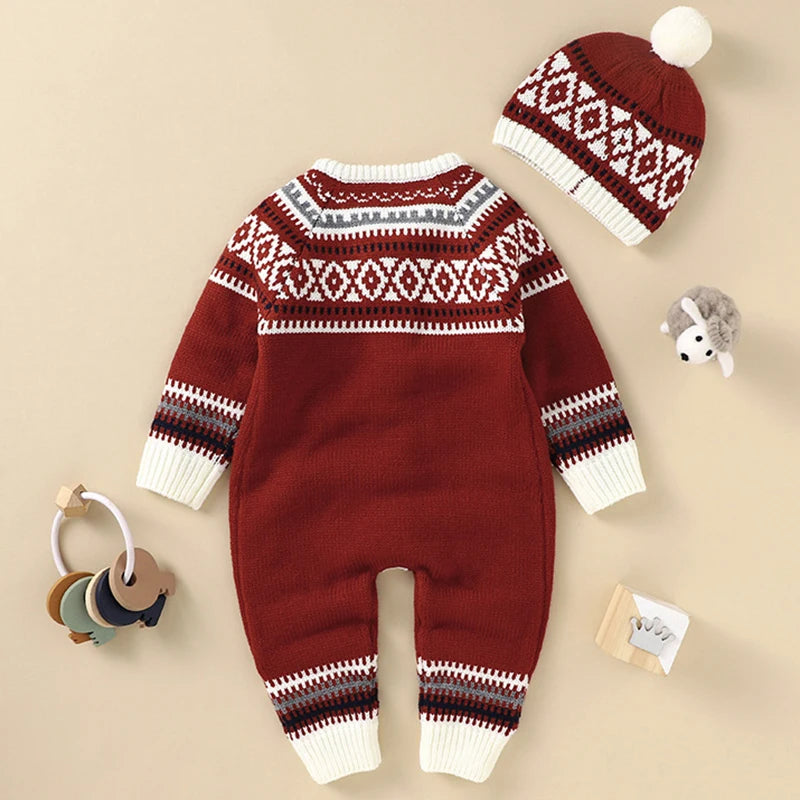 Knitted Christmas Baby Romper  Hat Set