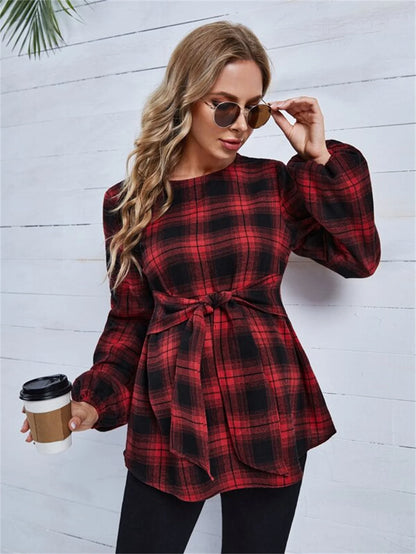 Women's Autumn Red Plaid Maternity Top