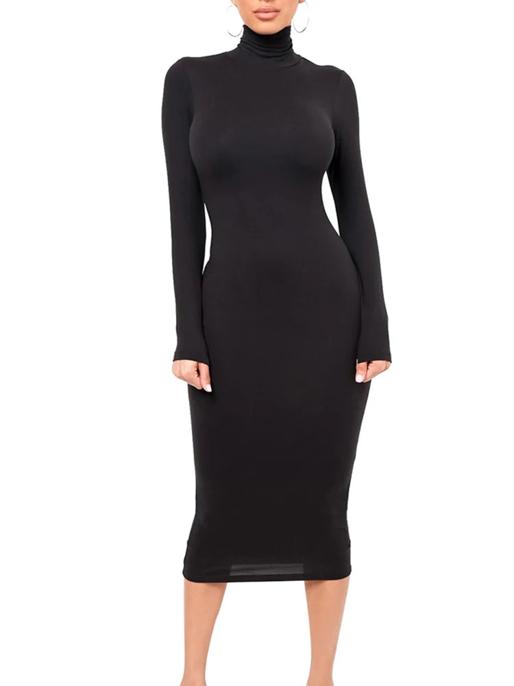 Winter Black Turtleneck Bodycon Dress for Women