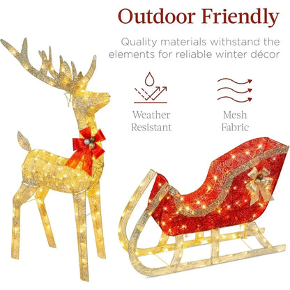 Lighted Gold Reindeer  Sleigh Decoration Set