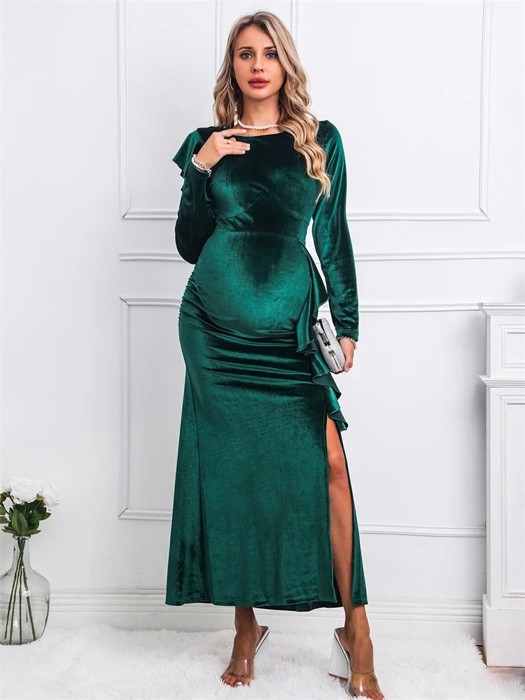 Elegant Velvet Maternity Ruffle Dress