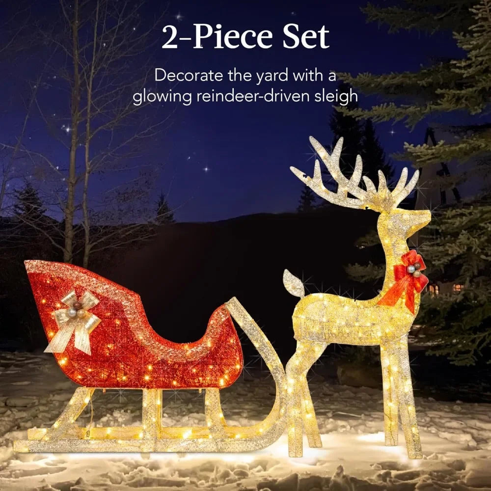 Lighted Gold Reindeer  Sleigh Decoration Set