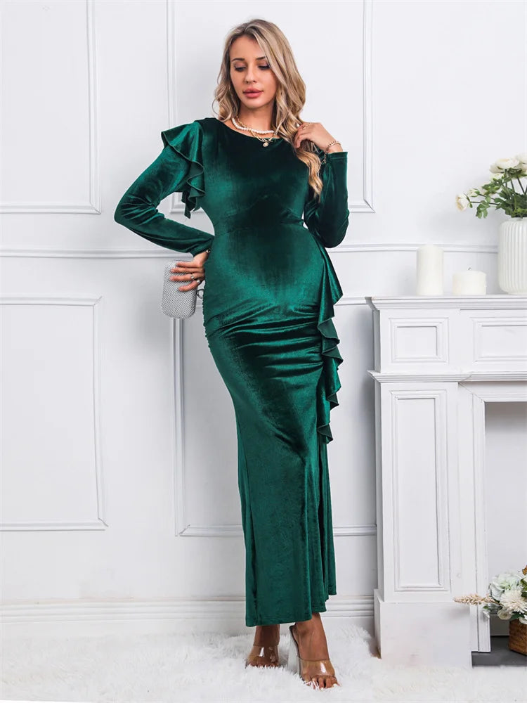 Elegant Velvet Maternity Ruffle Dress