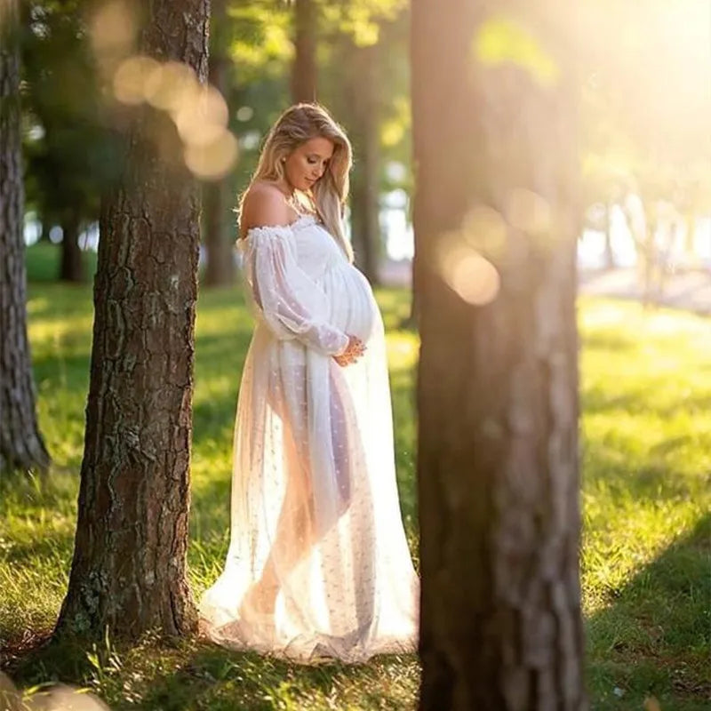 White Dot Tulle Maternity Photo Dress