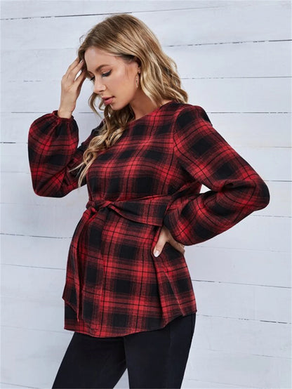 Women's Autumn Red Plaid Maternity Top